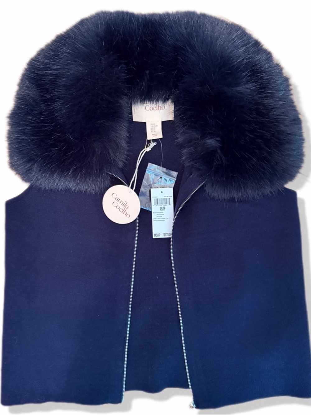NWT Camila Coelho Navy Fur-Collar Zip Front Sleeveless Sweater - Picture 4 of 7